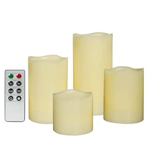 Image of CANDLE CHOICE Real Wax Battery Operated Flameless Candles with Remote Automatic Daily Cycle Timers Realistic Flickering Electric LED Pillars Wedding Party Halloween Christmas Decorations 4 Pack Ivory