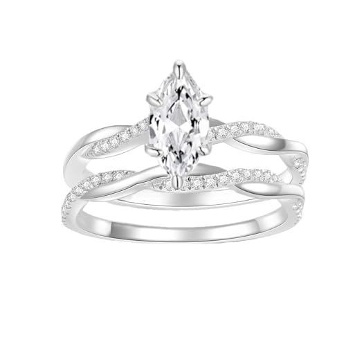 Infinity Twist Marquise Cut Moissanite Engagement Ring Set for Women, 1.0 Carats Center Moissanite Wedding Ring Sets Infinity Moissanite Bridal Ring Set Promise Ring Platinum Plated Silver