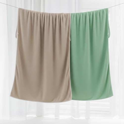Image of Dribble Coral Fleece Weft Knitting 400 GSM Bath Towel 70 cm x140 cm | Ultra Soft, Quick Dry, Highly Absorbent | Lightweight & Skin-Friendly Towel for Bathroom, Gym & Travel, (Green /Brown, Pack of 2)