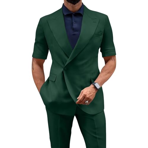 Mens Suit 2 Piece Short Sleeve Suits for Men Slim Fit Casual Suit Jacket Pant Set Summer Business Prom Wedding Suits