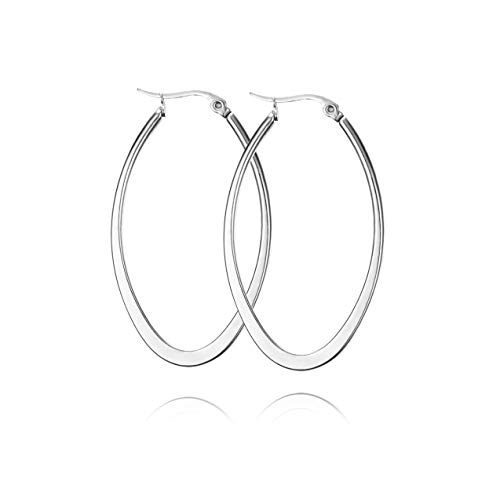 Amazon Brand-HIKARO Boucles D'oreilles Créoles En Acier Inoxydable, Couleur Or, Fines Plates, Grandes, Grandes, Ovales, Printemps, Couleur Argent