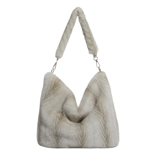 Extolove Fluffy Tote Bag Winter Fuzzy Purses for Women Faux Fur Purse Soft Furry Handbag Plush Crossbody Bags (Beige)