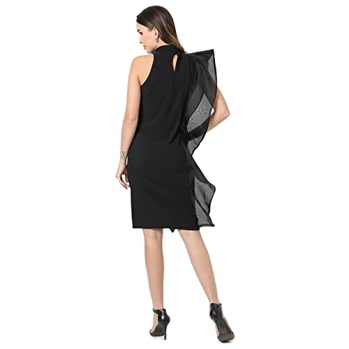 Image of PINACOLADA Women's Solid Black Slim Fit Dress with Sheer Detailing for Casual Wear | Knee Length | Crew Neck | Sleeveless | Stylish Dress Crafted with Comfort Fit & High Performance for Everyday Wear