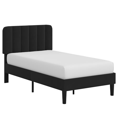 Image of VECELO Twin Size Bed Frame with Upholstered Headboard, Velvet Platform Bedframe Mattress Foundation, Strong Wood Slat Support, No Box Spring Needed,Black