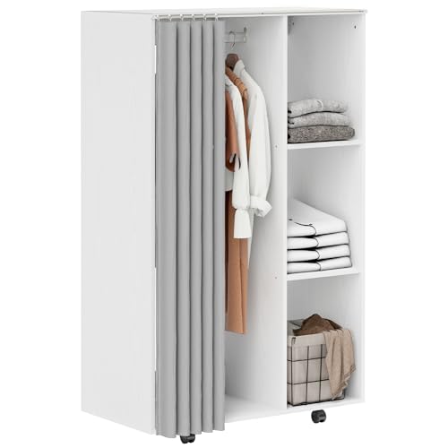 HOMCOM Armoire penderie Meuble de Rangement Mobile 4 roulettes avec Tringle à vêtements et étagères Ouvertes, penderie vêtement Dressing Roulant pour...