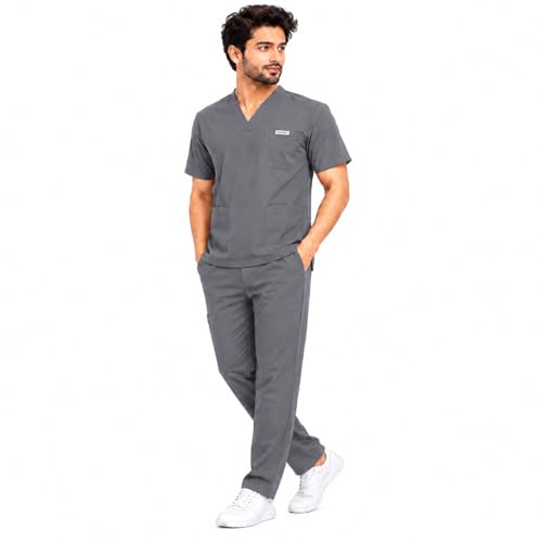 Image of Unisex Medical Scrub Suit Set, V-Neck Top with Pants, Short Sleeve, Polyester Cotton Blend, 7 Pockets, Regular Fit, Hospital Doctor Nurse Uniform