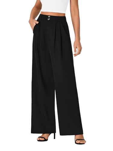 Vrtige Women's Elastic High Waisted Wide Leg Long Pants Office Casual Trousers with Pockets3