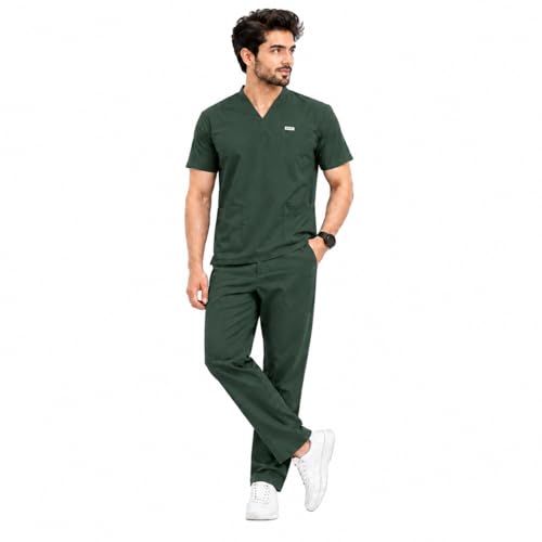 Image of Unisex Medical Scrub Suit Set, V-Neck Top with Pants, Short Sleeve, Polyester Cotton Blend, 7 Pockets, Regular Fit, Hospital Doctor Nurse Uniform