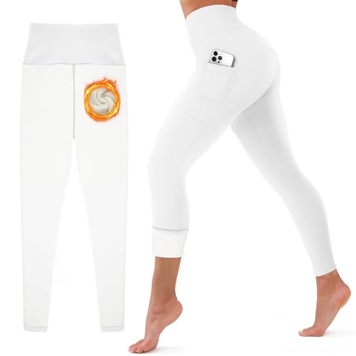 CHARMKING Womens Fleece Lined Thermal Leggings - High Waisted Winter Yoga Pants with Pockets | Cold Weather Compression Tights(White Small)