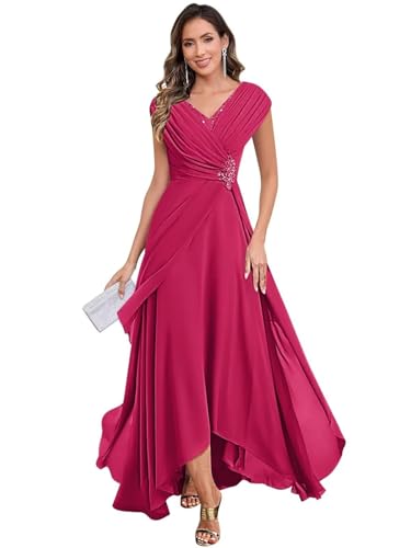 Chiffon Mother of The Bride Dress V-Neck Beading Sleeveless High Low Formal Evening Gowns for Wedding JH0272