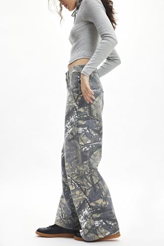 Women Camo Jeans Wide Leg Denim Pants Mid Waist Baggy Jeans Trousers4