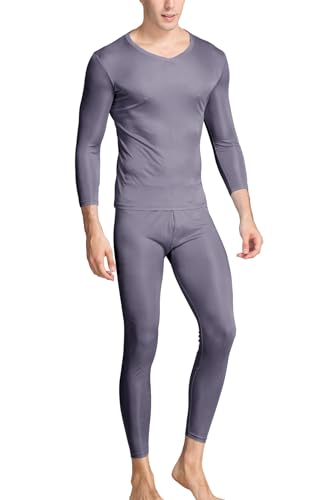 Grenasasilk Mens Silk Long Johns Mulberry Silk Long Underwear V-Neck Breathable Thermal Underwear Sets & Undergarments (XL Grey)