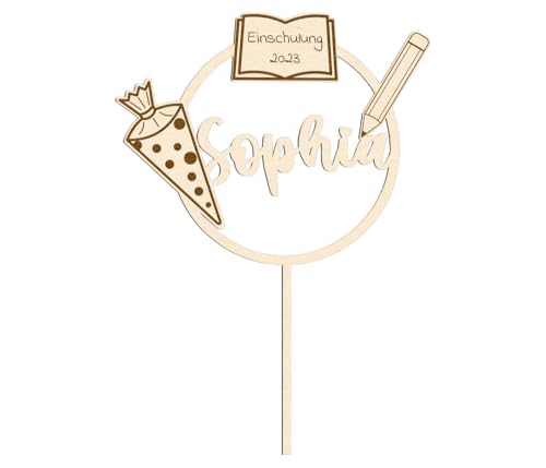 Cake Topper Einschulung personalisiert mit Name – Schultüte Buch Stift – Tortenstecker aus Holz 15 cm – Geschenk Einschulung Mädchen Junge – Schulanfang Deko für Kuchen & Torte