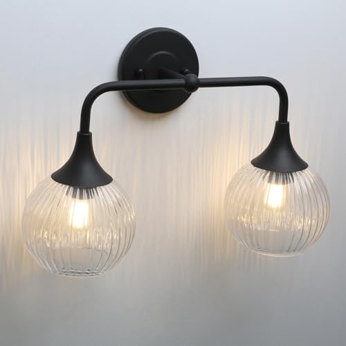 Image of Pathson 2-Lights Globe Wall Sconce Light, Striped Glass Bathroom Wall Vanity Lamp for Mirror, Hardwired Vintage Wall Sconce Lighting for Wall Painting Living Room Bedroom Farmhouse