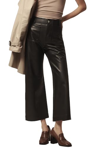 YEXPINE Women's Faux Leather Pants High Waisted Wide Straight Leg Pants PU Trousers with Pockets Black