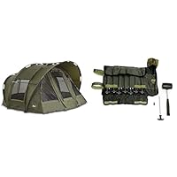 Lucx Leopard Bivvy Angelzelt Personen Karpfenzelt 2 bis 3 Mann Anglerzelt Carp Dome Fishing Tent 10.000mm, Oliv Grün, 1-3 Zelt & Heringe-Set 14-TLG. inkl. Gummihammer und Tasch
