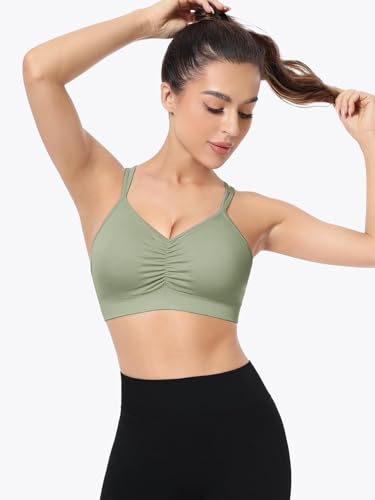 Image of VEQKING Ruched Sports Bras for Women Large Bust, Seamless Yoga Bra, 3 Pack | Removable Padded, Strappy Criss Cross Back, Medium Support for Yoga, Pilates & Gym, Full Coverage, No Bounce, No Spillage