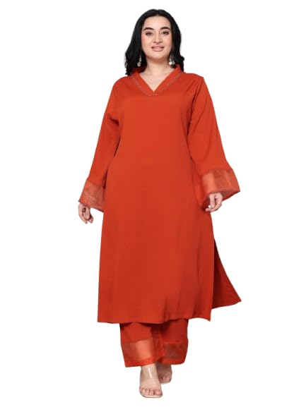 Image of Varanga Women Straight fit Rust kurta with a tonal bottom, designed for comfortable casual and semi formal wear.