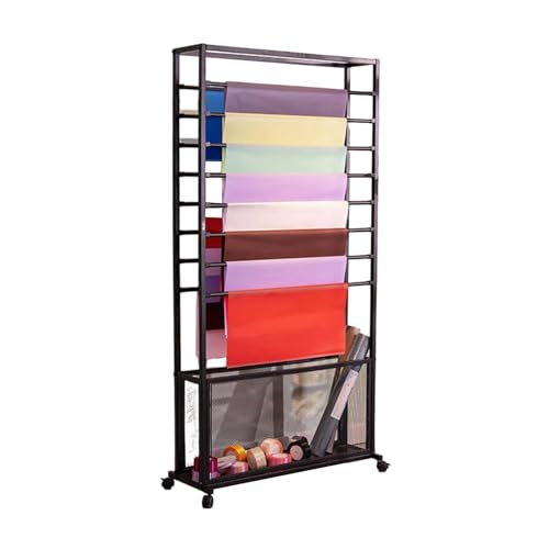 Estante para rollos de tela en acero resistente con barra ajustable y ruedas 2