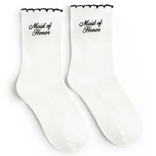 xo Fetti Maid of Honor Sock - White Ribbed Socks with Black Embroidery | Maid of Honor Gift Bridal Party Socks Bachelorette Party Wedding Day Gift Bridal Shower Getting Ready Outfit