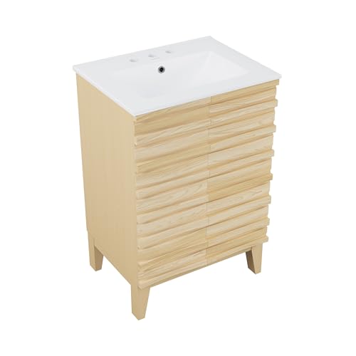 Image of Swiss Madison Cascade 24 in. Natural Oak Bathroom Vanity with White, 3-Hole Ceramic Sink Top