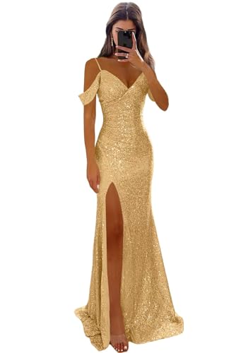 Monvelli Spaghetti Straps Gold Prom Dresses Ball Gown 2026 Long Sparkly Sequin Mermaid V Neck...
