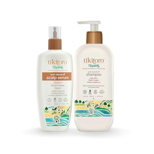 Image of Tikitoro Teens Anti-dandruff Shampoo and Scalp Serum Combo | Cleanses Scalp and Fights Dandruff Causing Fungi | All Scalp Types | No Parabens & Sulphates (Age: 11+) (300ml x 1 and 100ml x 1)