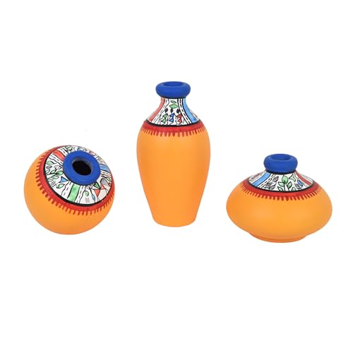 Image of Aakriti Art Creations Miniature Warli Treasures Vase Set of 3 | Madhubani Hand-Painted Terracotta Vases in Yellow | Matte Finish Decorative Vases for Living Room, Table Decor & Gifting
