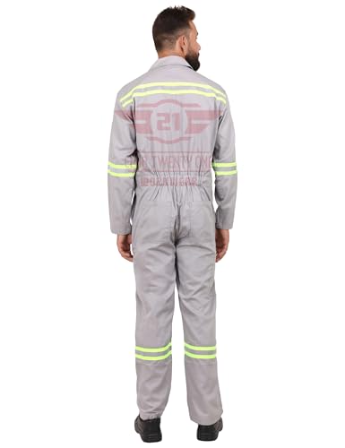 Image of CLUB TWENTY ONE Men's High Visibility Cotton Coverall with Green and Silver Reflective Tape | Multiple Pockets Zipper Front
