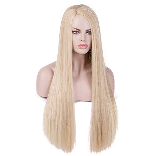 Duacorn Long Straight Side Part Synthetic Hair Wigs Blonde 613# 24 inch Heat Resistant Realistic Natural Looking Hair Replacement Wig Halloween Cosplay Costume Full Wigs for Women