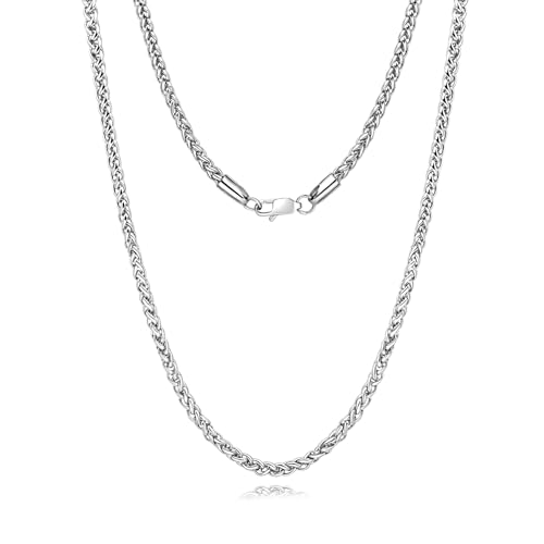 Wheat Chain Necklace for Men and Women, 2.5mm/3mm/4mm Silver Tone Stainless Steel Chain, Simple Jewelry Gift, 16-26 Inch