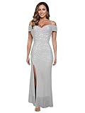 Owzwz Off Shoulder Sequin Evening Gowns for Women Prom, Gala, Wedding Guest & Evening Party/Mermaid Formal Dresses with Side Slit,Sweetheart Neckline (Silver,XXL,WLF01)