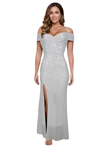 Owzwz Off Shoulder Sequin Evening Gowns for Women Prom, Gala, Wedding Guest & Evening Party/Mermaid Formal Dresses with Side Slit,Sweetheart Neckline (Silver,XXL,WLF01)