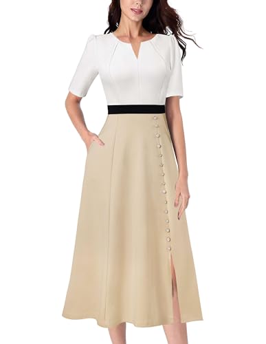 VFSHOW Women Pleated Notch V Neck Pockets Buttons Work Office Business A-Line Midi Dress