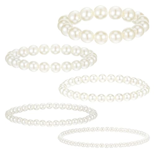 Molain 5 Pcs Pearl Bracelets for Women Stretch Strand Bracelets Pearl Bracelets Bridal Wedding Elastic Bracelets Stackable Faux Pearl Bracelets for Lady Party Jewelry Pearl Beaded Bracelets - Main Image