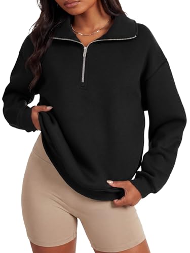 LYANER Womens Half Zip Long Sleeve V Neck Collar Drop Shoulder Pullover Casual Sweatshirts Black