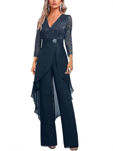 2 Pieces Mother of The Bride Pant Suits for Women Dressy V Neck Lace Grandmother of The Bride Pantsuits for Wedding DP018 Navy Blue