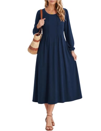 Image of Zeagoo Fall Dresses for Women Long Sleeve Midi Dress Casual A Line Dresses 2026 Pleated Flare Dress with Pockets
