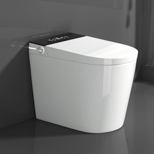 Inodoro inteligente compacto con asiento bidé integrado, diseño moderno sin tanque, apertura y descarga automáticas, asiento calefactado, secador de aire caliente instantáneo para baños pequeños, blanco con panel negro miniatura 1