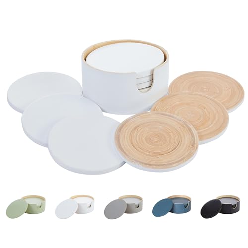 HABITAS Spun Bamboo Coaster Set - 6 White Round Coasters with Holder for Coffee Table - Modern, Sustainable, Handmade Bamboo Drink Coasters