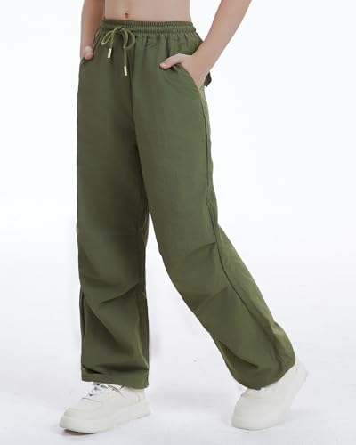 Image of Girls Parachute Cargo Pants Drawstring Waterproof Causal Hiking Pants for Girls Pockets Lightweight Running Joggers