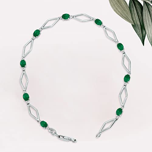 Emerald And Natural Diamond Star Link Bracelet In .925 Sterling Silver #TOP5