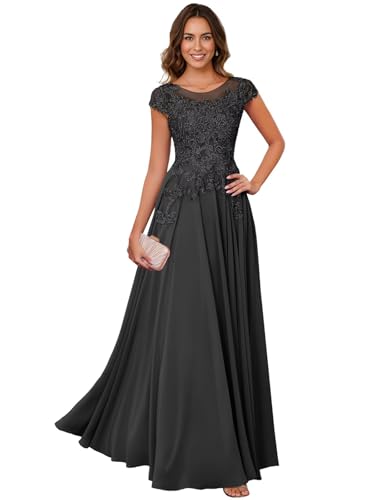 Image of Lace Applique Chiffon Mother of Bride Dresses - Short Sleeve Pleated Long Mother of The Groom Dress