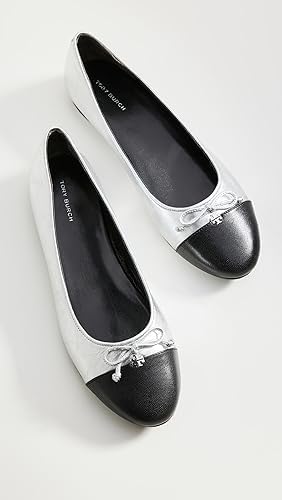Tory Burch Women's Bow Ballet Flats, Silver/Perfect Black, 8.5 Medium US | Image 1