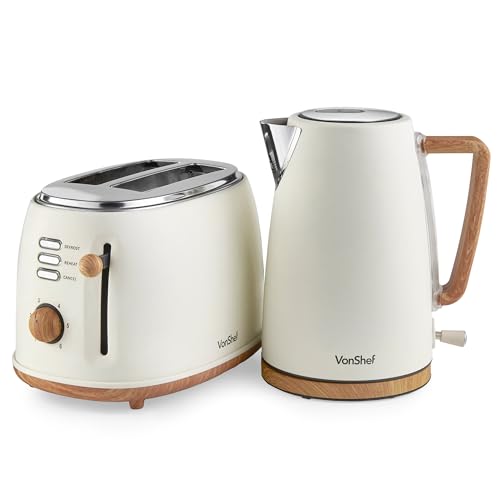 VonShef Kettle and Toaster Set – Scandi 1.7L Rapid Boil Kettle 3000W & 2 Slice Wide Slot Toaster 850W with 6 Browning Controls, Matching Kitchen Set – Nordic Cream and Wood Accents - Fika Range