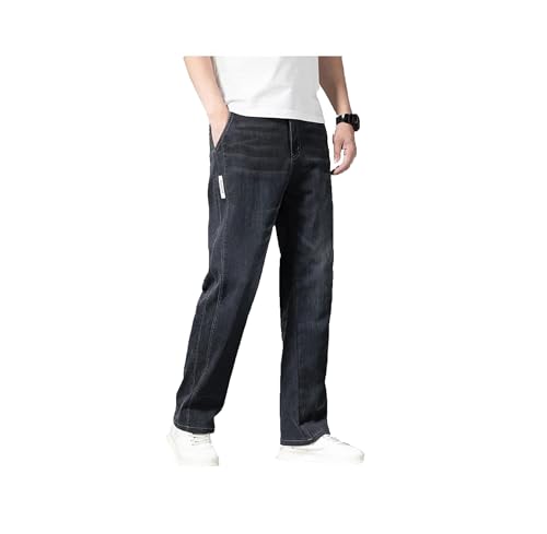 Mens Jeans Loose Summer Thin Elastic Waist Straight Pants Stretch Business Casual Denim Trousers