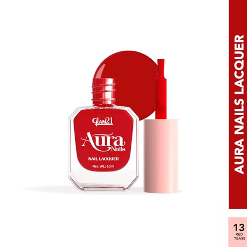 Image of Glam21 Aura Nails Nail Lacquer |Long-Lasting, Quick-Dry, High-Shine Nail Enamel | Chip-Free Formula | Smooth Application & Vibrant Finish |60 Striking Shades | 10ml Each | Pack Of 2 (Velvet Red & Red Tease)