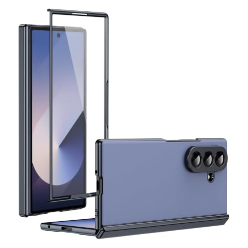 Image of Ultra Hybrid Luxury Leather Case Compatible with Samsung Galaxy Z Fold 6 (2025) 360 Hinge Protection, Slim Shockproof Back Cover, Anti-Scratch Design, Tempered Glass Protection - Blue