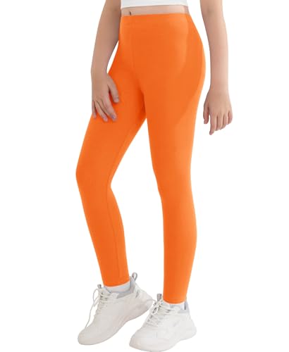 DOCUMO Girls Cotton Leggings Full Length Footless Stretch Girls High Waisted Tights Soft Basic Solid Yoga Pants (Orange X-Large)