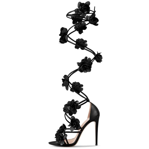richealnini Floral Heel for Women Embellished Flowers Spiral Up Knee High Gladiator Sandals with Sexy Pointed Toe and Stiletto High Heels